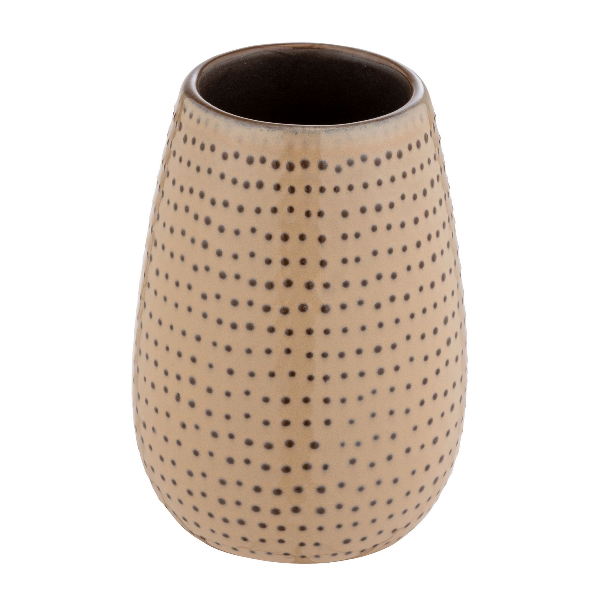Beigefarbener Keramik-Zahnputzbecher mit kleinen braunen Punkten