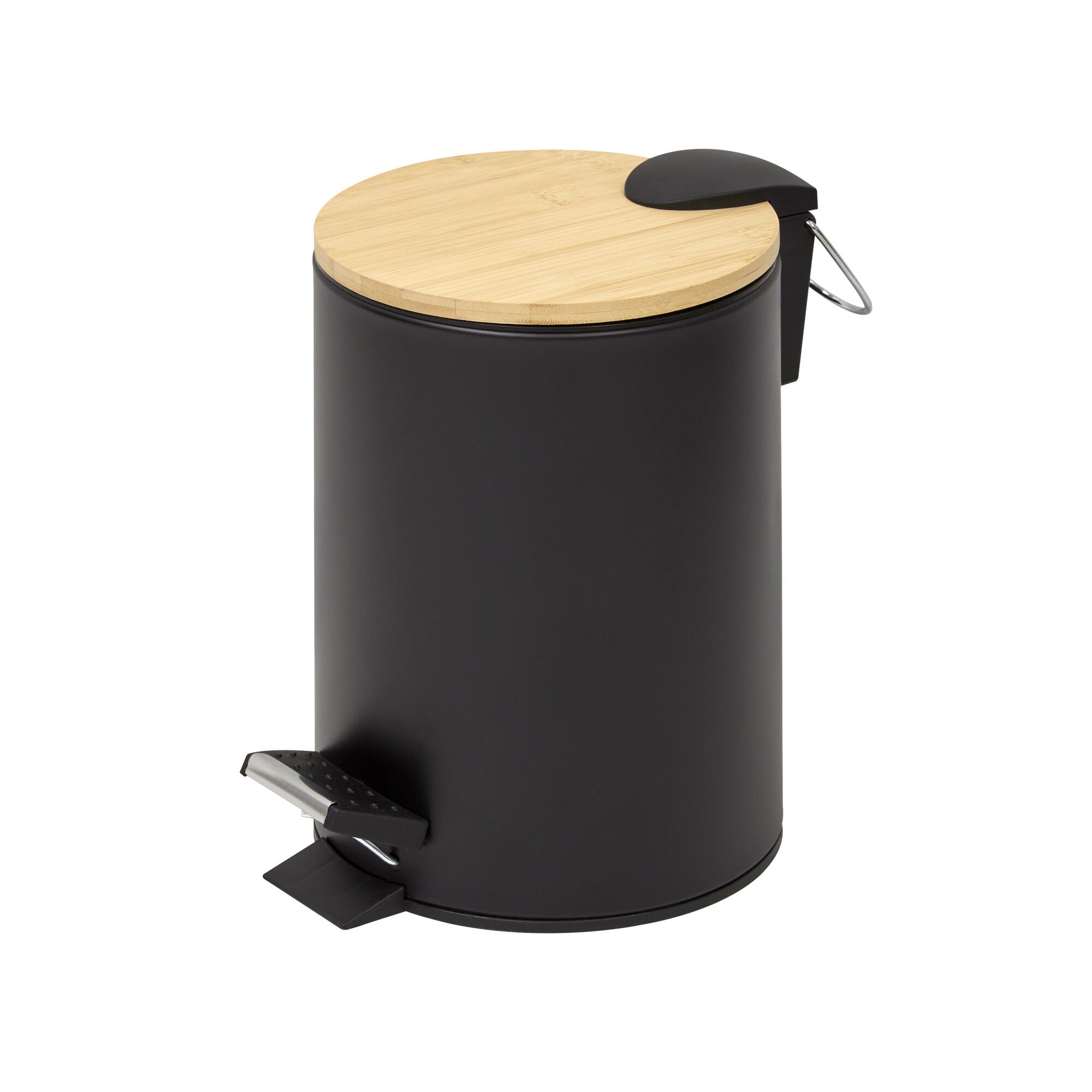 Schwarzer Kosmetikeimer mit Bambusdeckel und Fußpedal.
