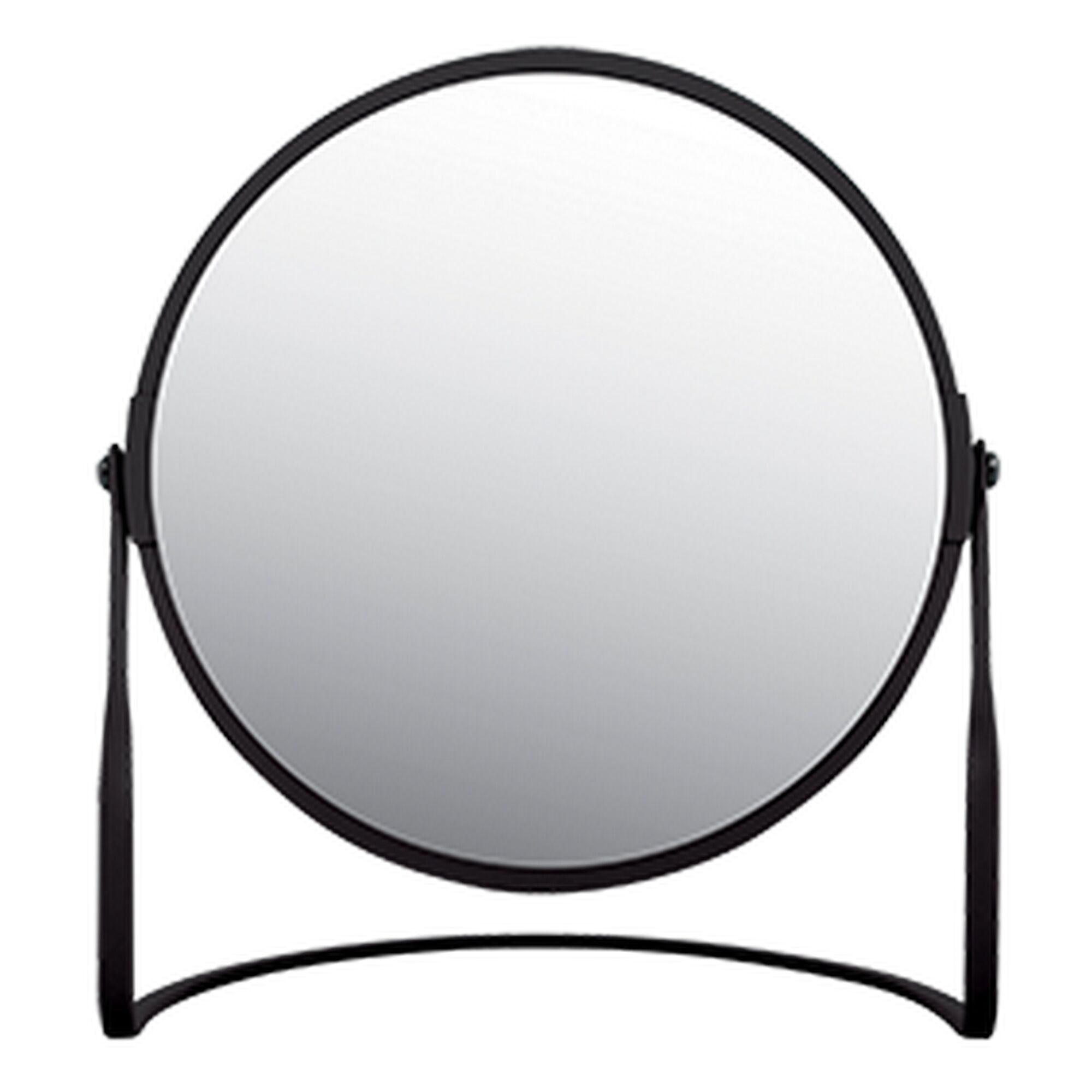 Runder Standspiegel mit schwarzem Rahmen und Standfuß