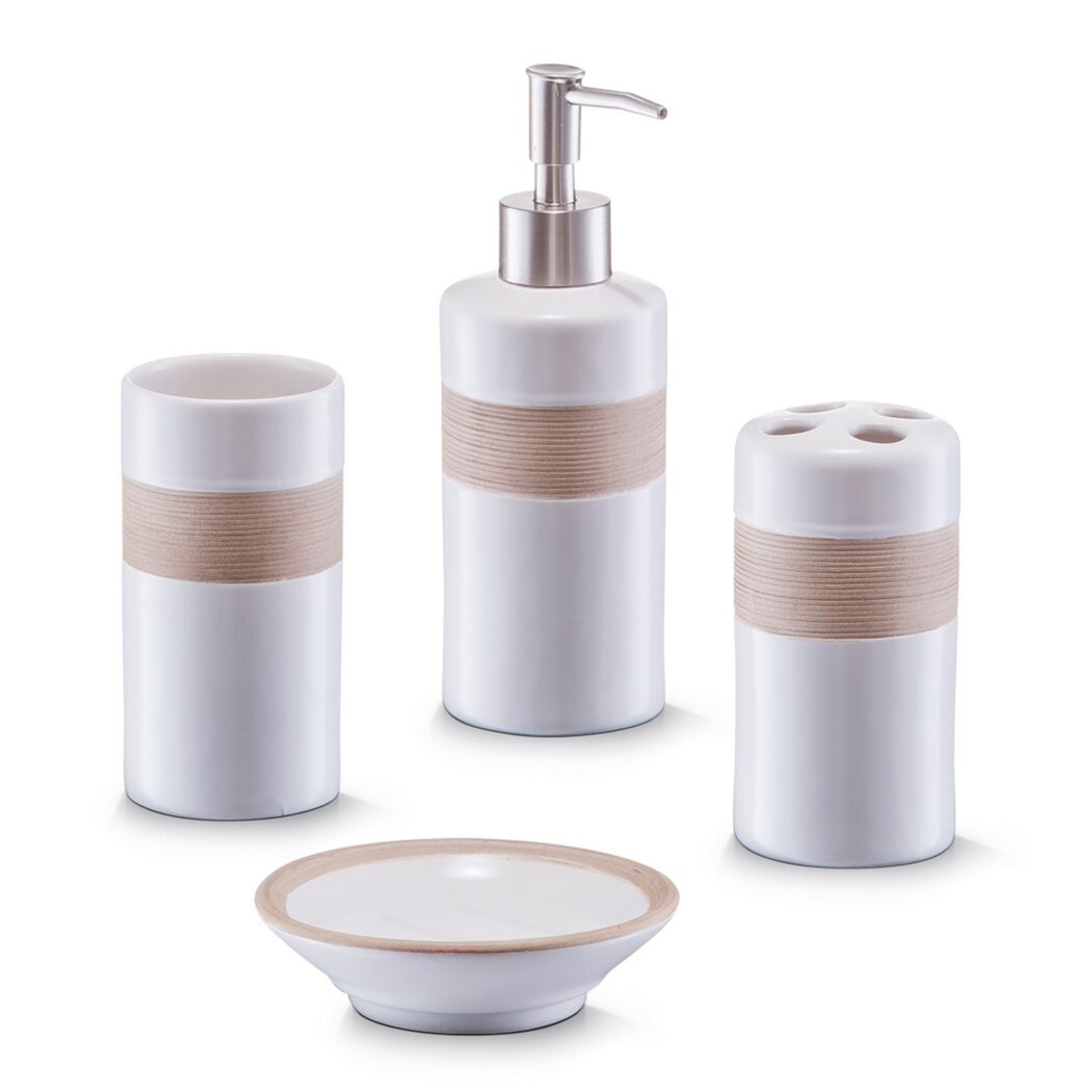 Weißes Badezimmerset mit Seifenspender, Zahnbürstenhalter, Becher und Seifenschale