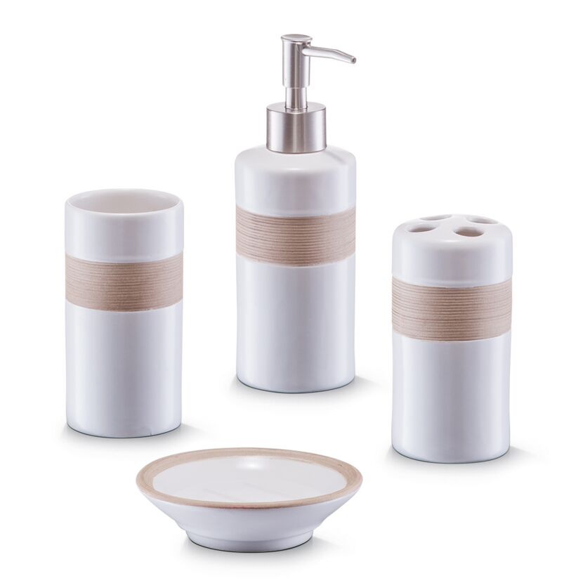 Weißes Badezimmerset mit Seifenspender, Zahnbürstenhalter, Becher und Seifenschale