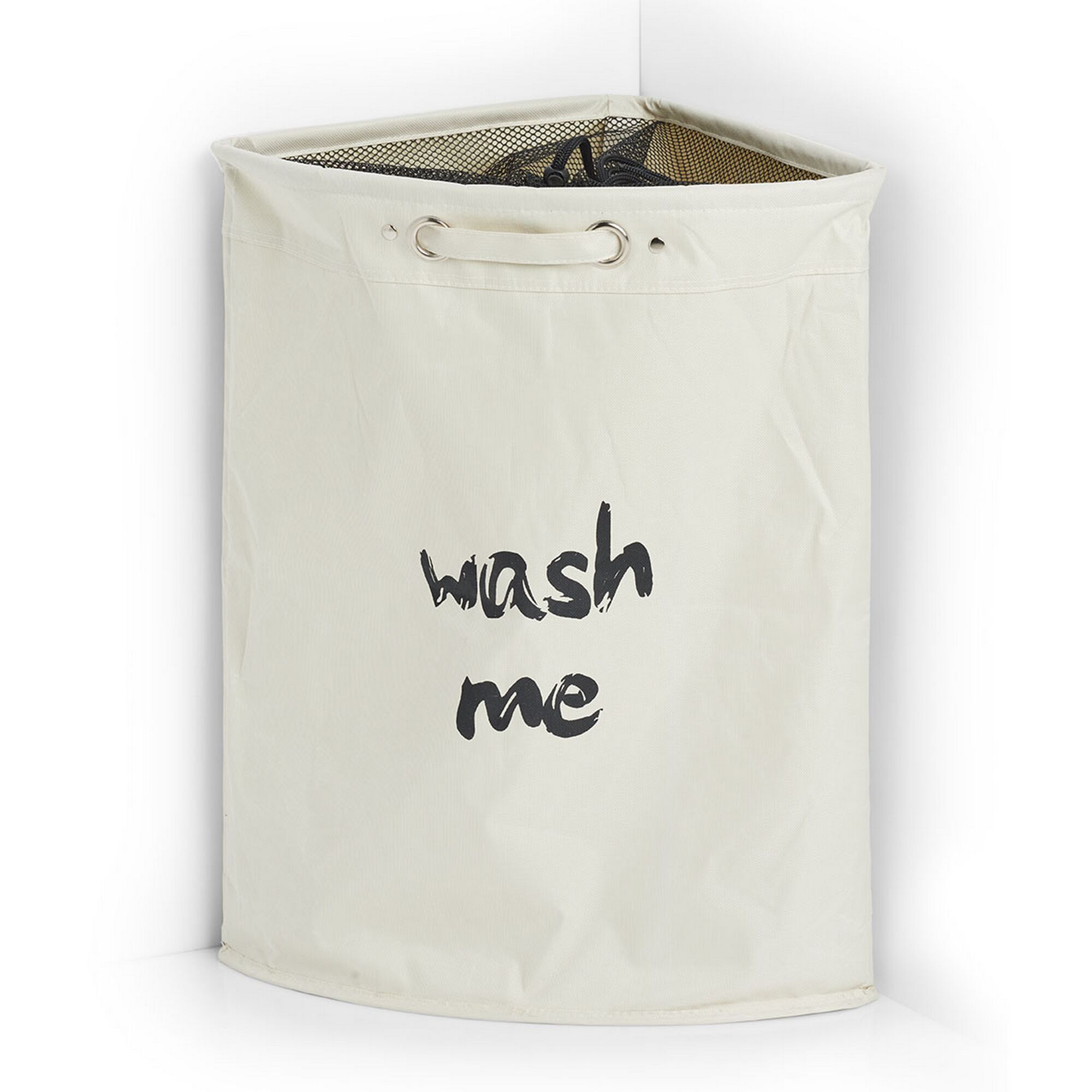 Eckiger Wäschesammler mit Aufschrift "Wash Me"