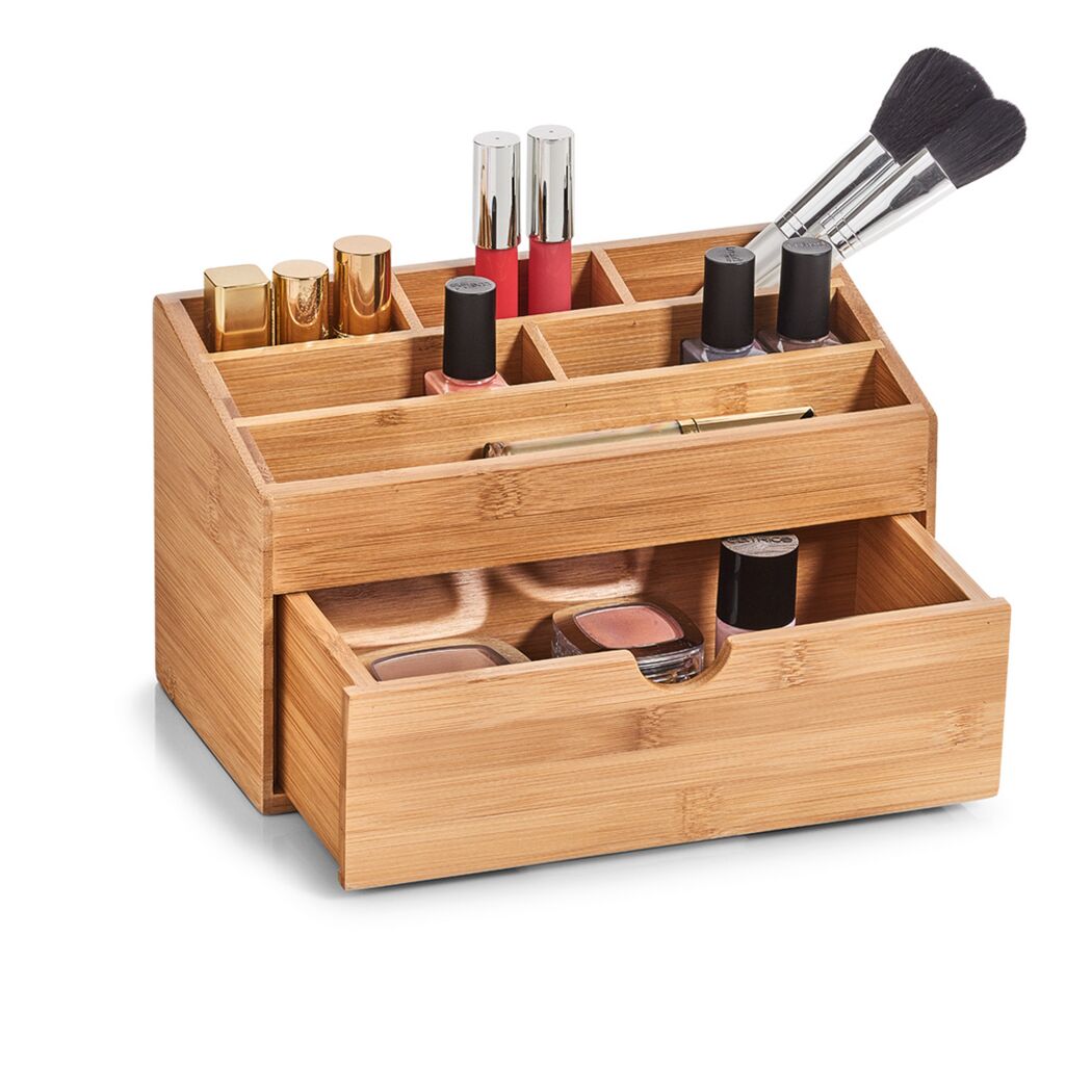 Holz-Organizer mit Kosmetikartikeln