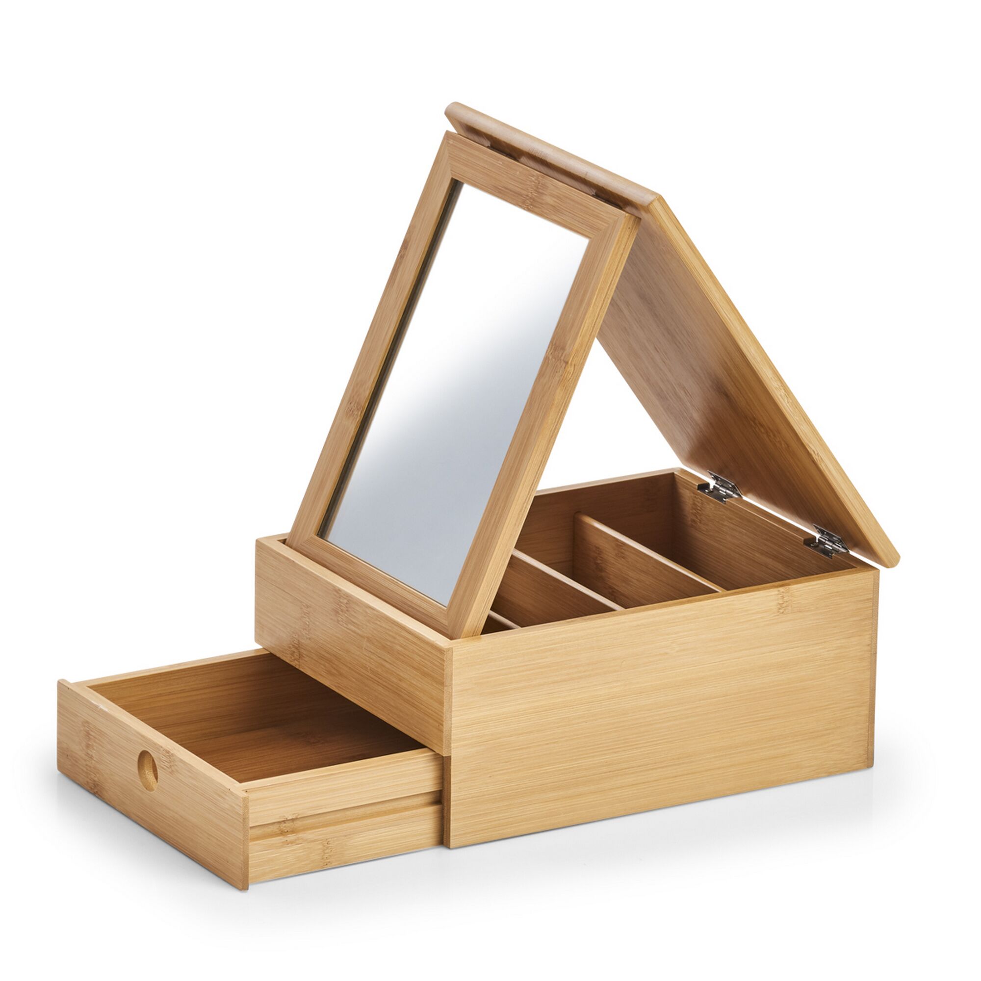 Offenes Schmuckkästchen aus Bambus mit Spiegel