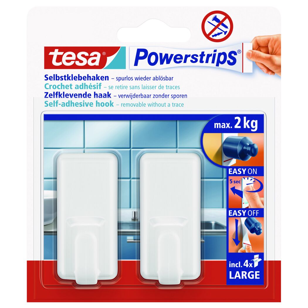 Zwei selbstklebende Tesa Powerstrips Haken