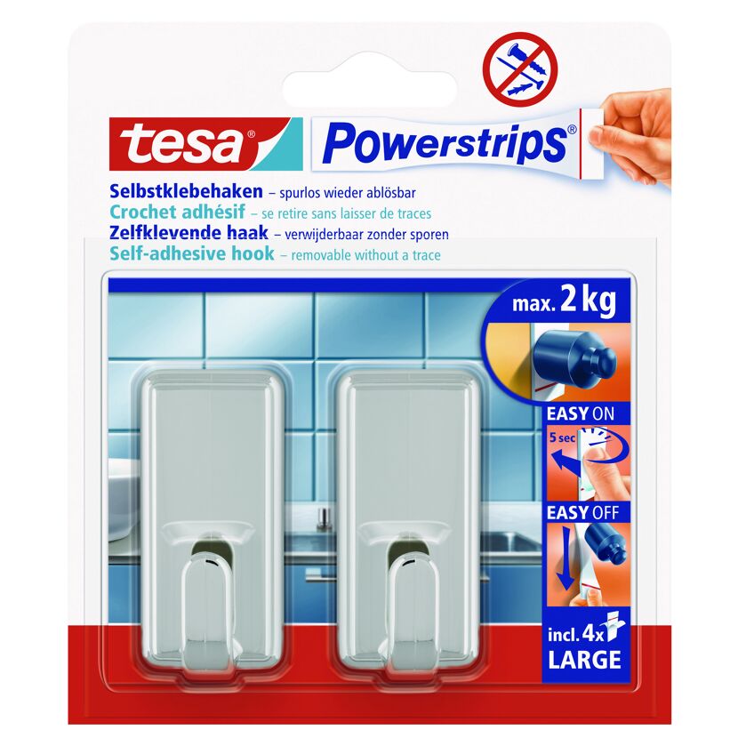 Zwei selbstklebende Tesa Powerstrips Haken