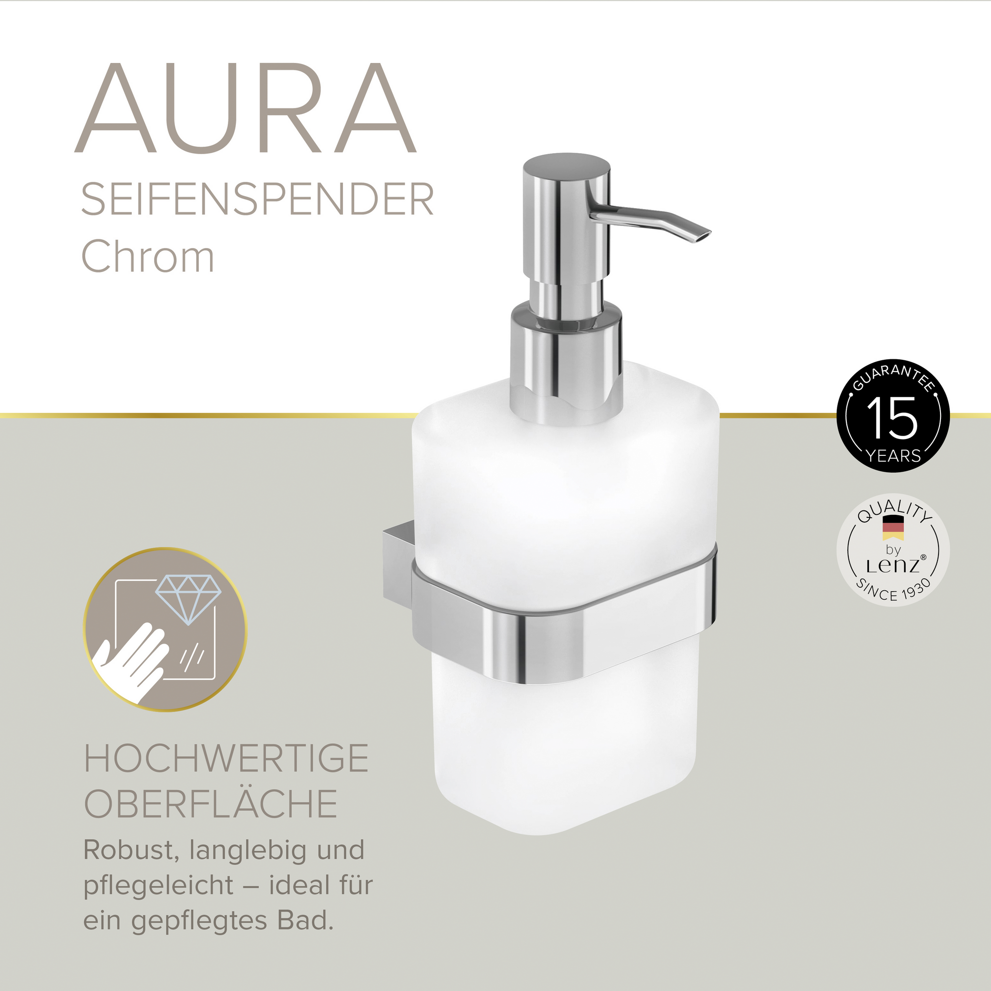 Seifenspender 'Aura' wandhängend eckig verchromt/weiß