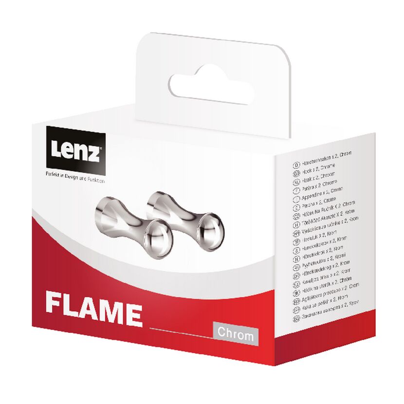 Zwei silberne Handtuchhaken von Lenz Flame in der Verpackung