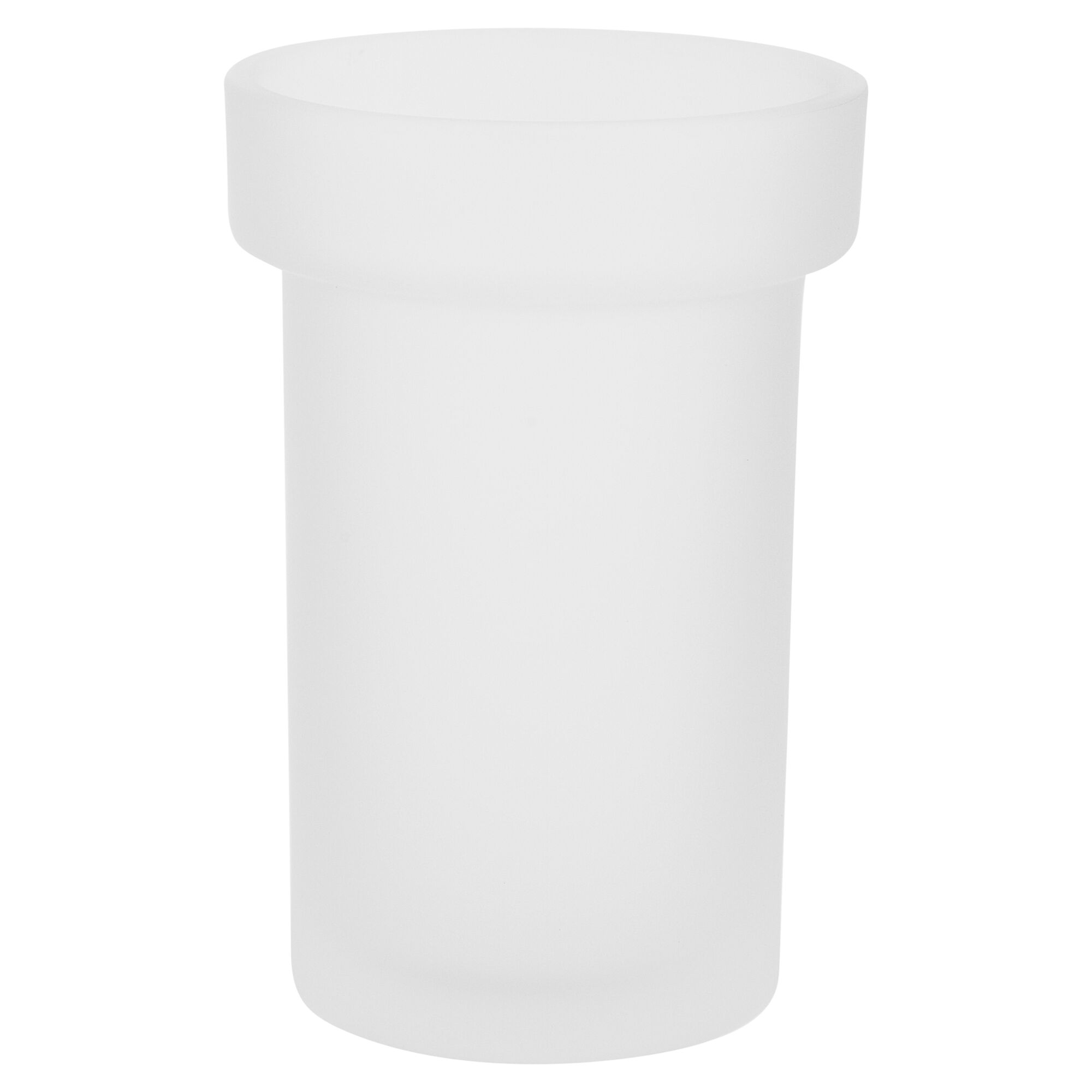 Weißer Zahnputzbecher aus mattiertem Glas.
