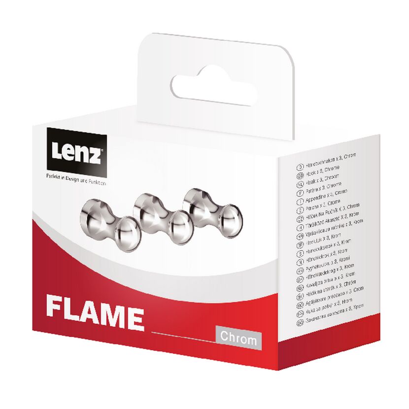 Drei glänzende, verchromte Handtuchhaken der Marke Lenz.