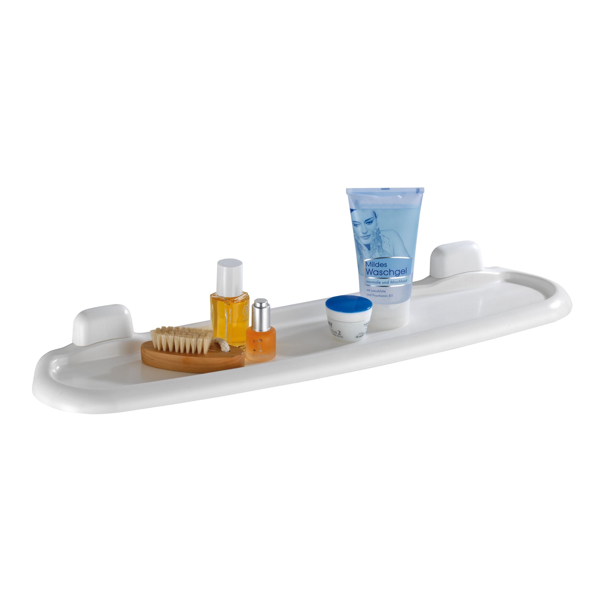 Wandablage mit Kosmetikartikeln und Bürste
