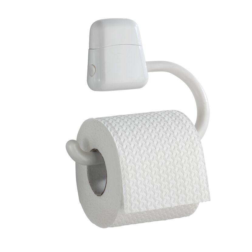 Weißer Toilettenpapierhalter mit Toilettenpapier.