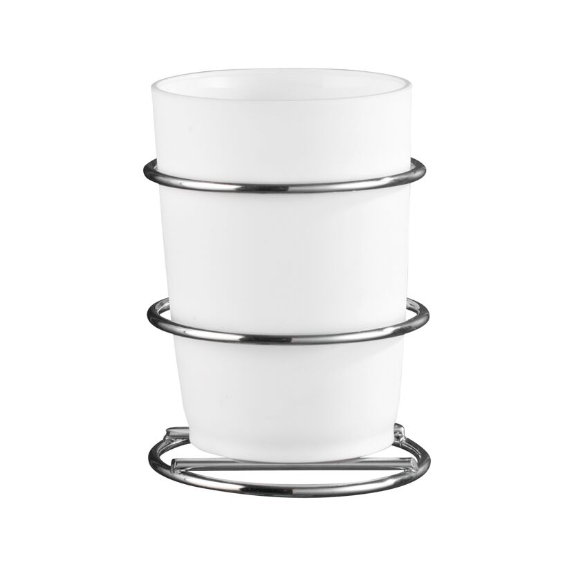 Weißer Zahnputzbecher mit Metallhalterung