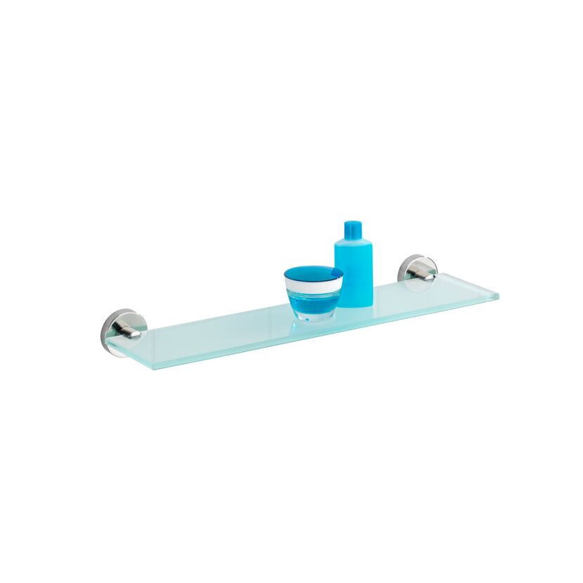 Glasablage mit blauer Flasche und blauem Gefäß