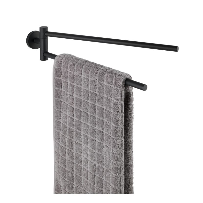 Schwarzer Handtuchhalter mit grauem Handtuch