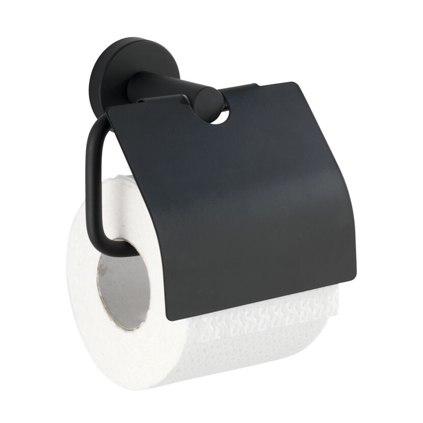 Schwarzer Toilettenpapierhalter mit Papier