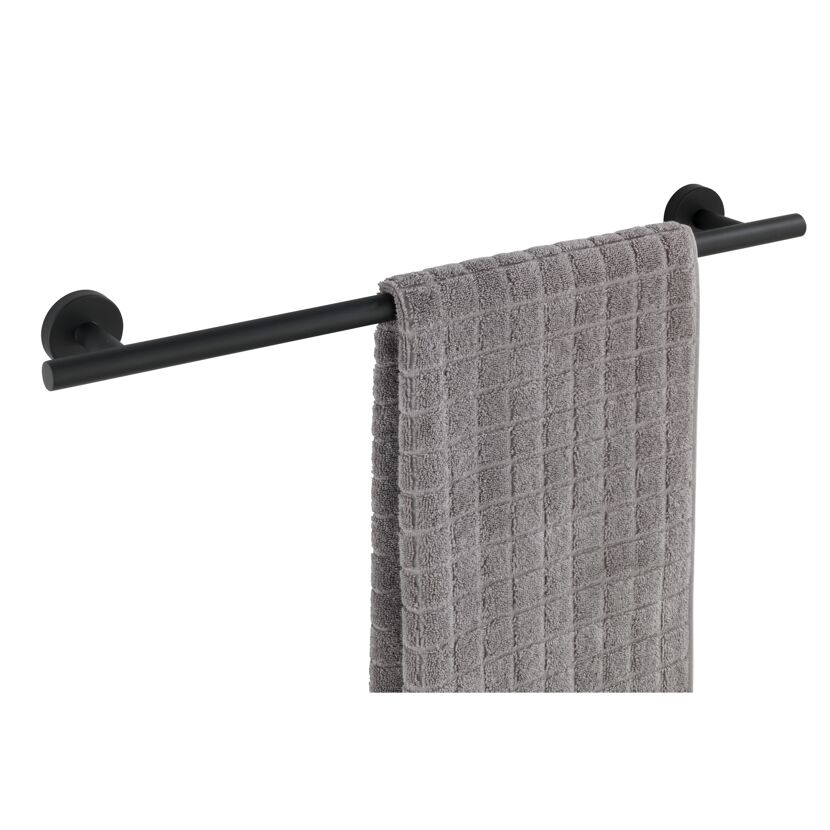 Schwarze Handtuchstange mit grauem Handtuch