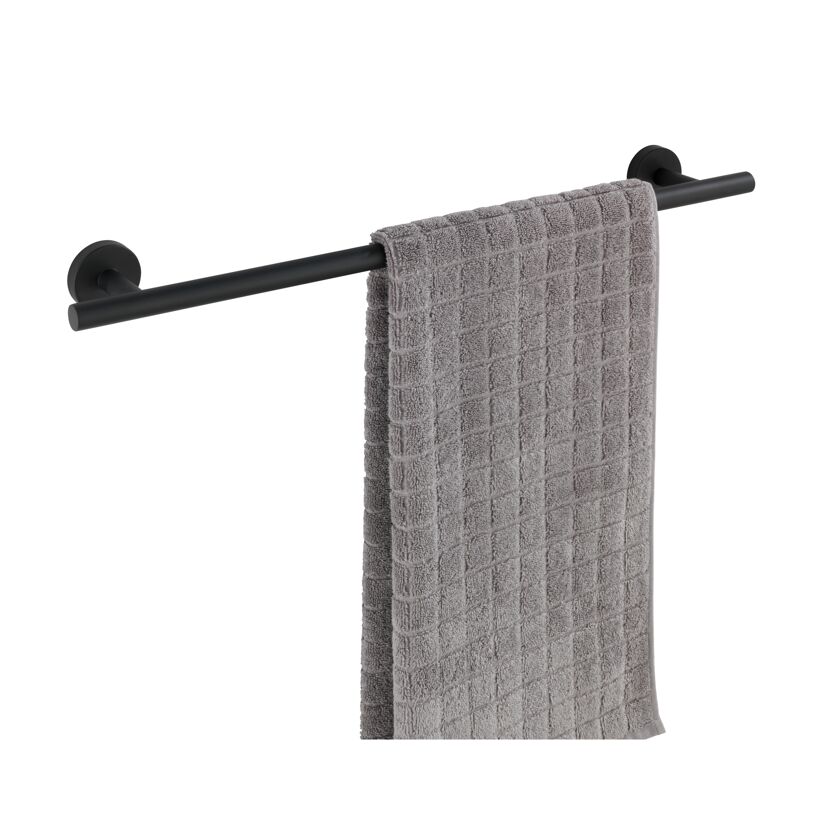 Schwarze Handtuchstange mit grauem Handtuch