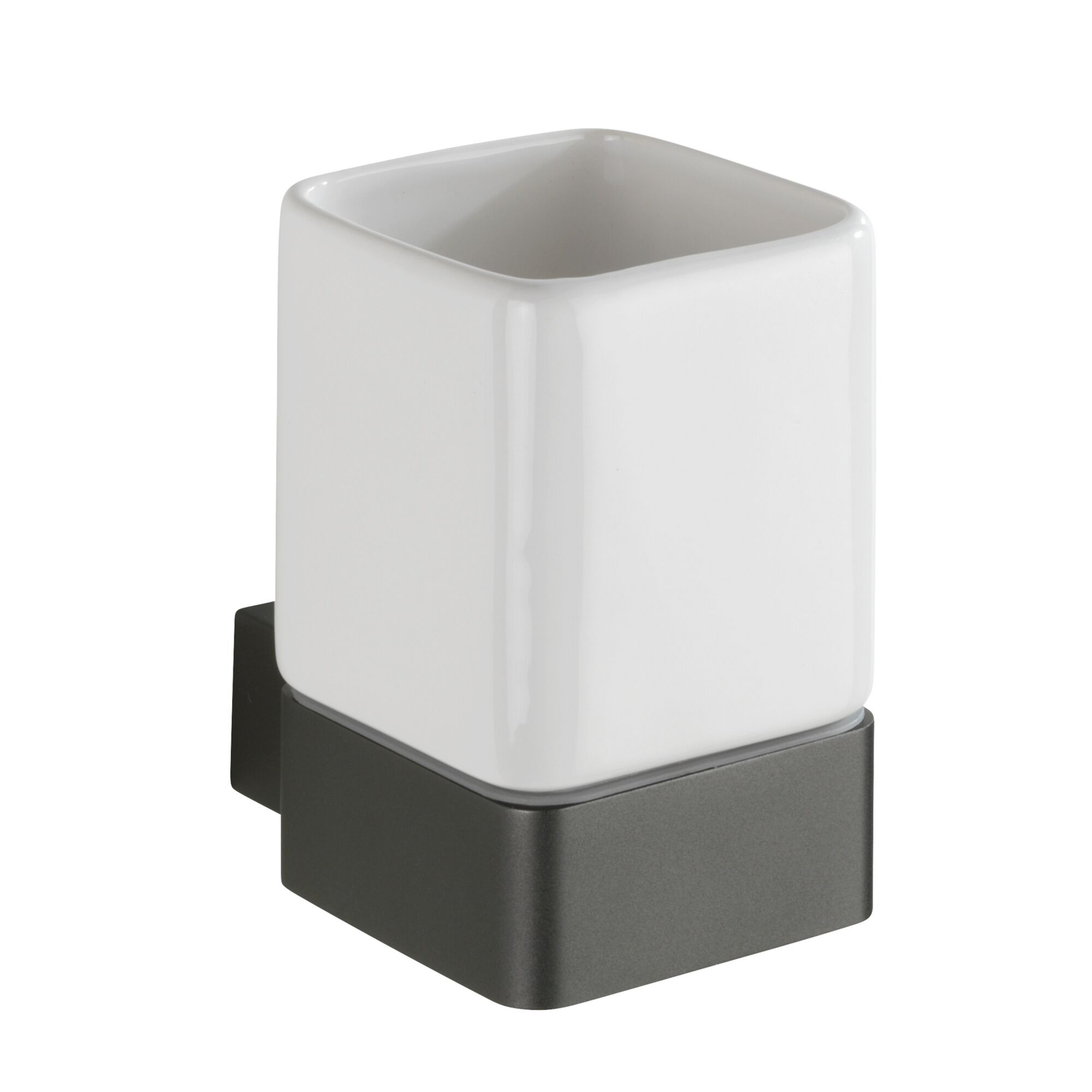 Weißer Zahnputzbecher auf anthrazitfarbener Halterung