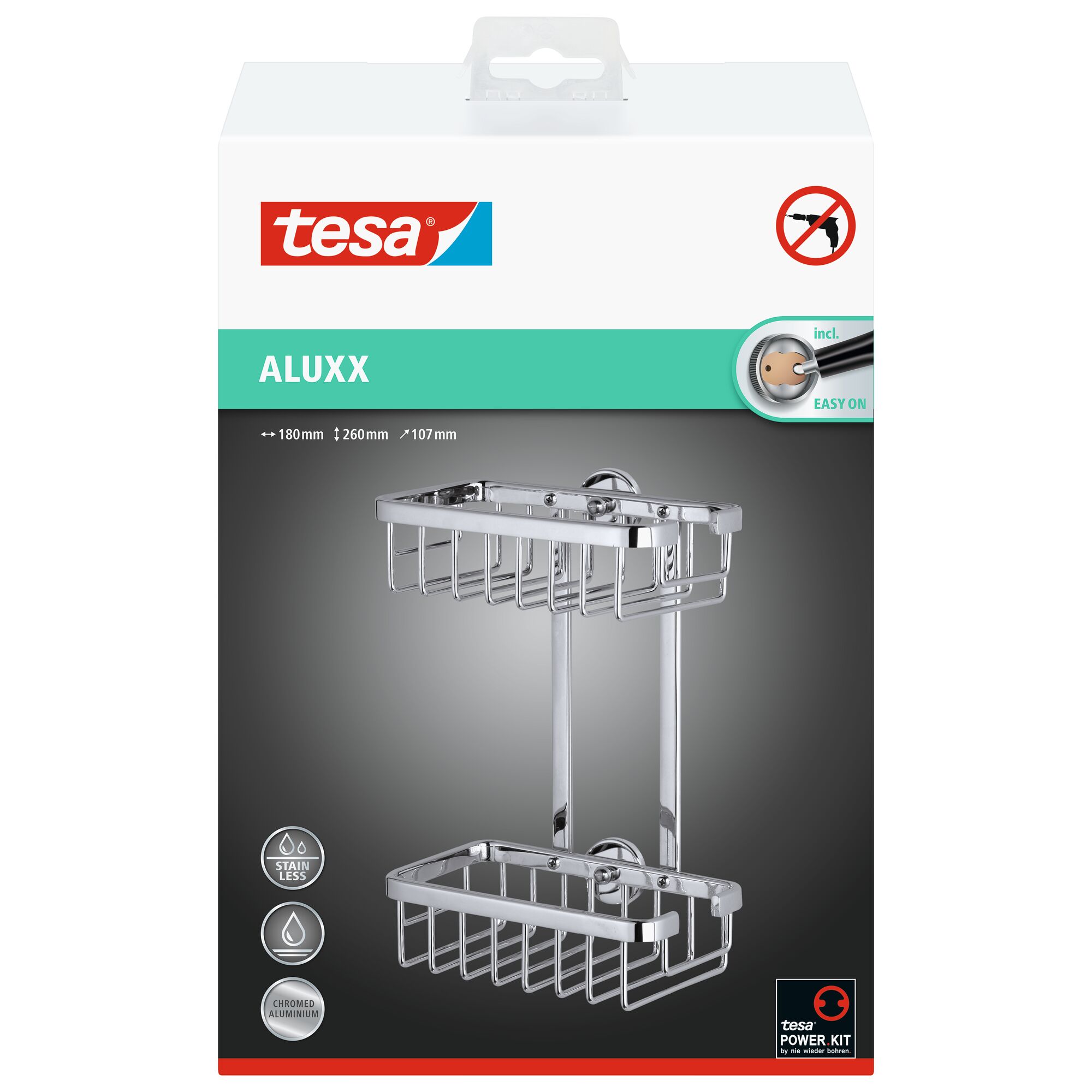 Tesa Aluxx Duschablage, 2-stöckig, verchromtes Aluminium