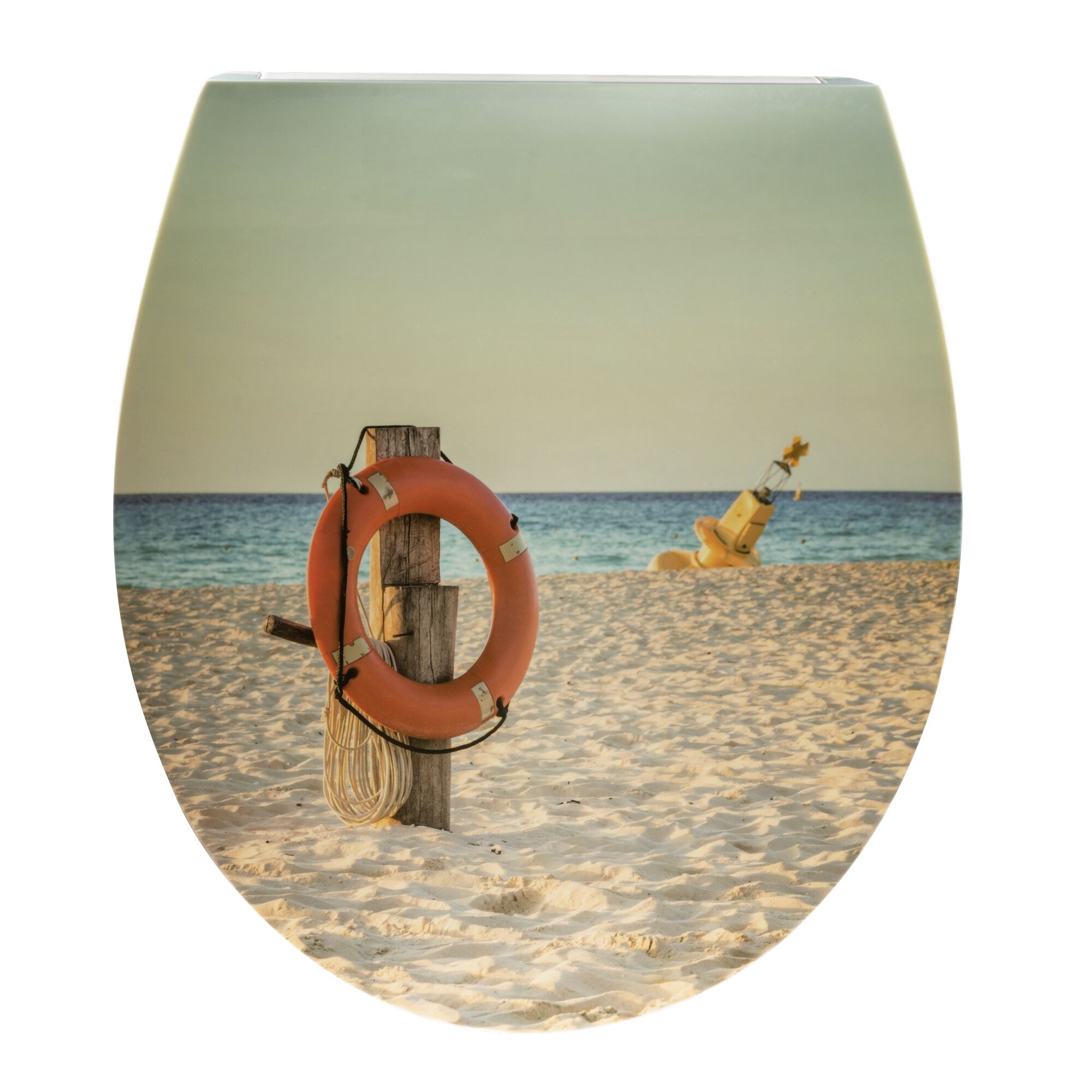 WC-Sitz mit Rettungsring am Strandmotiv