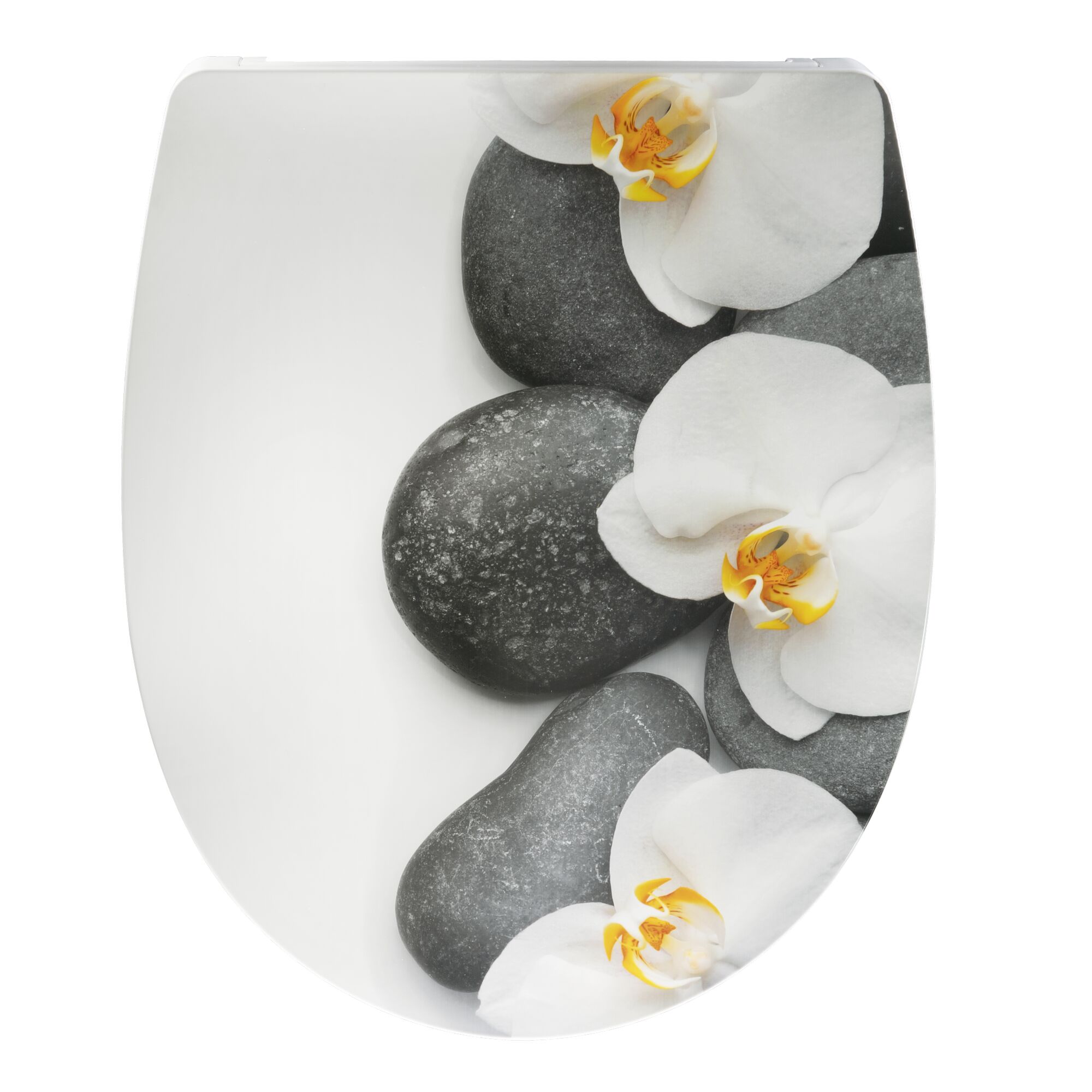 WC-Sitz mit Dekor: weiße Orchideen und graue Steine