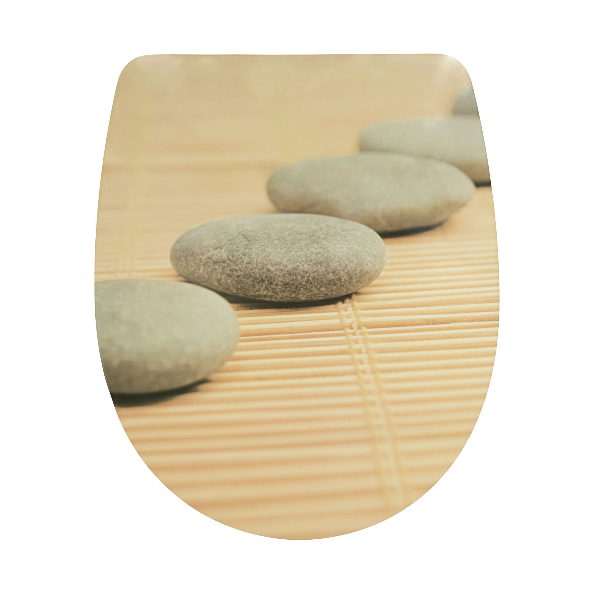 WC-Sitz mit Steinen auf Bambusmatte