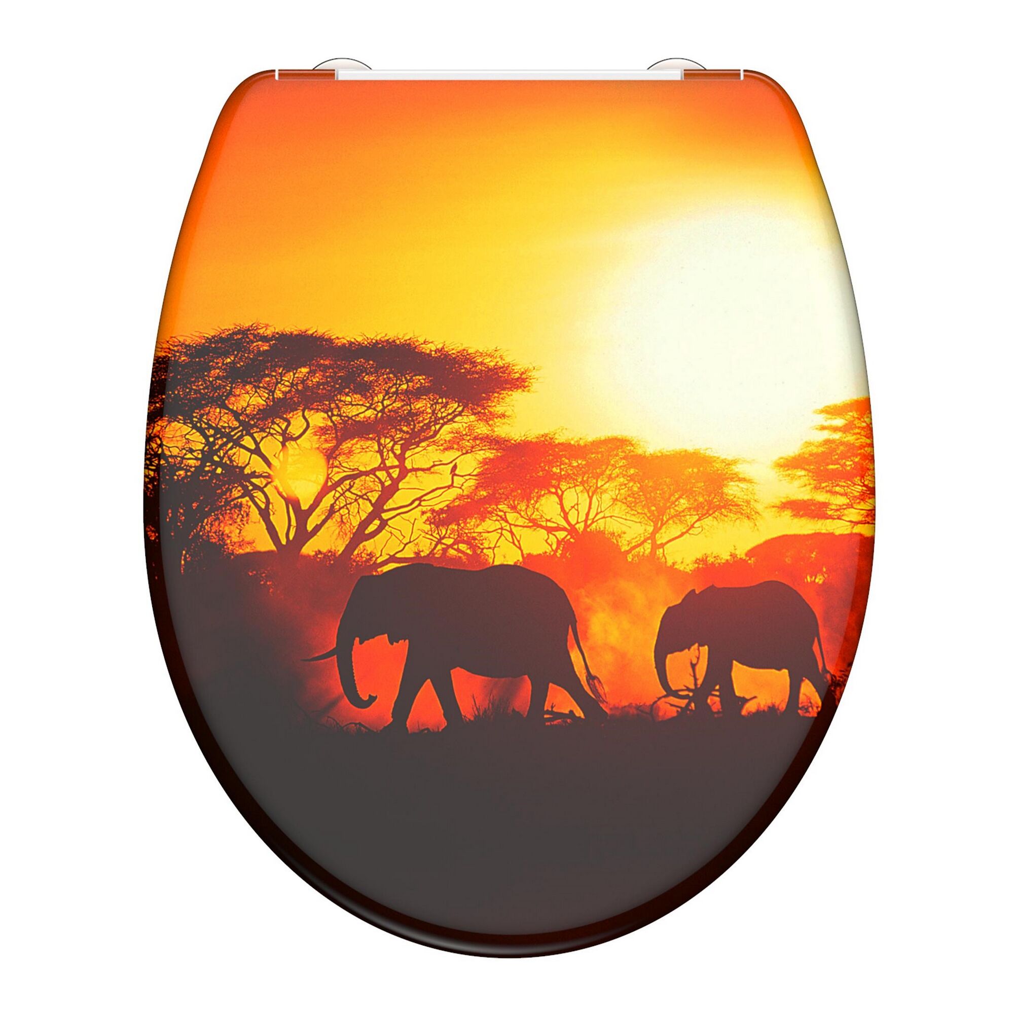 WC-Sitz mit Elefantenmotiv bei Sonnenuntergang