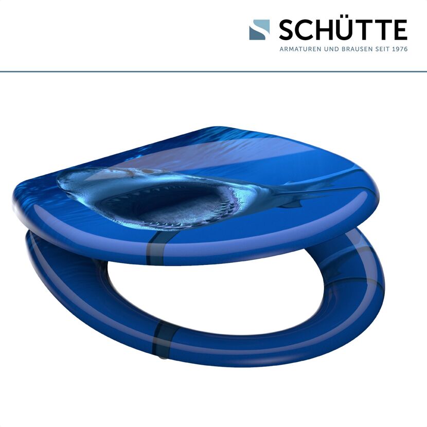 Blauer WC-Sitz mit Hai-Motiv.