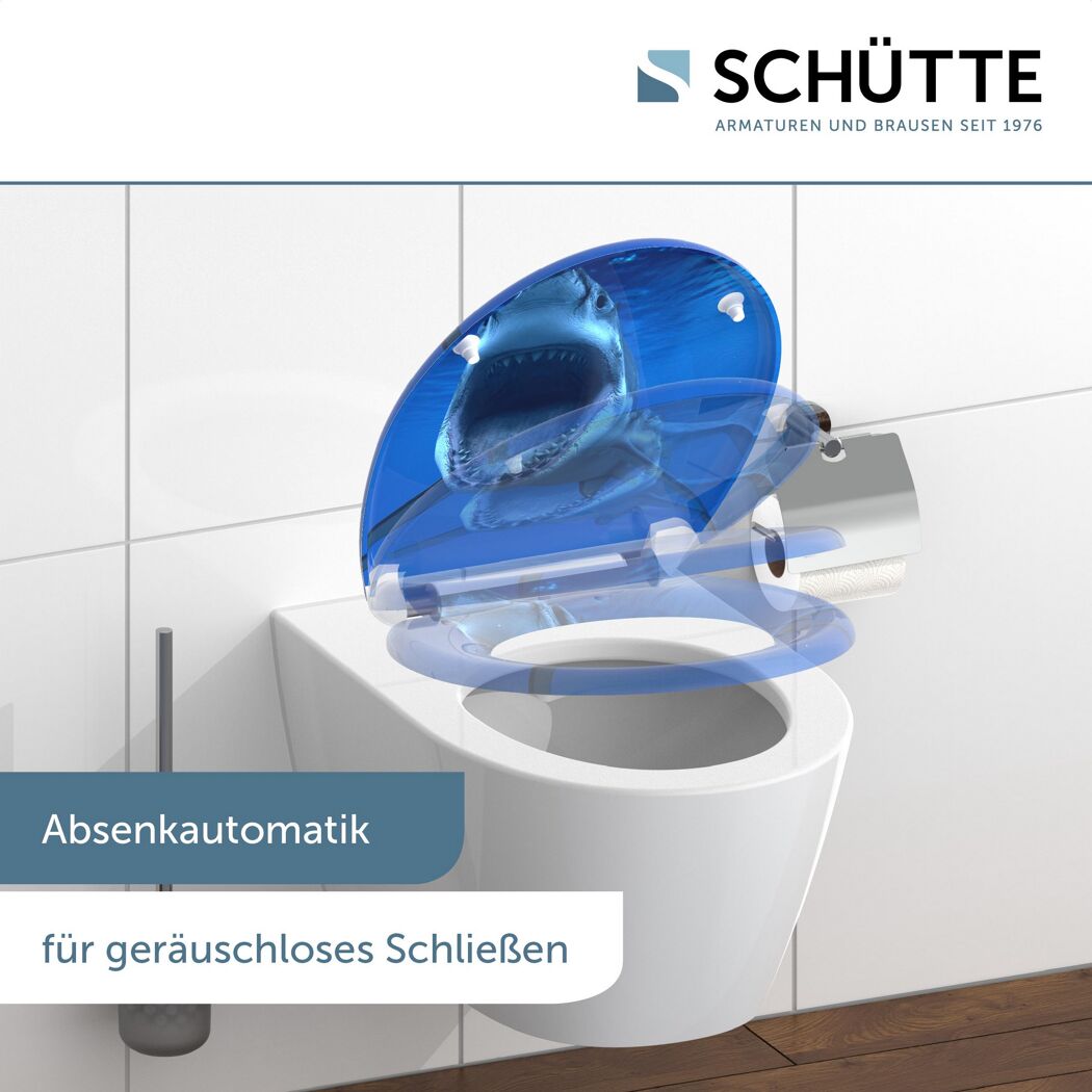 WC-Sitz mit Hai-Motiv, Absenkautomatik