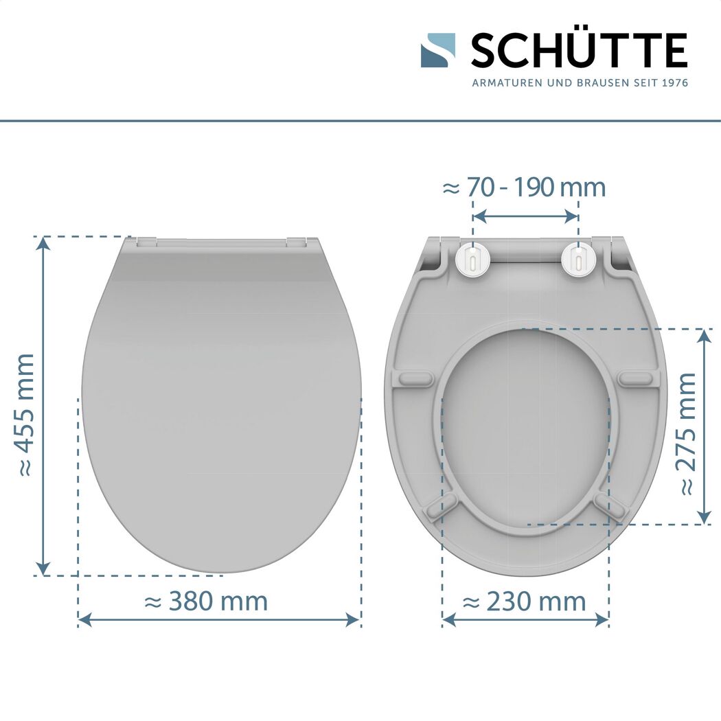 WC-Sitz, Draufsicht und Seitenansicht mit Maßen
