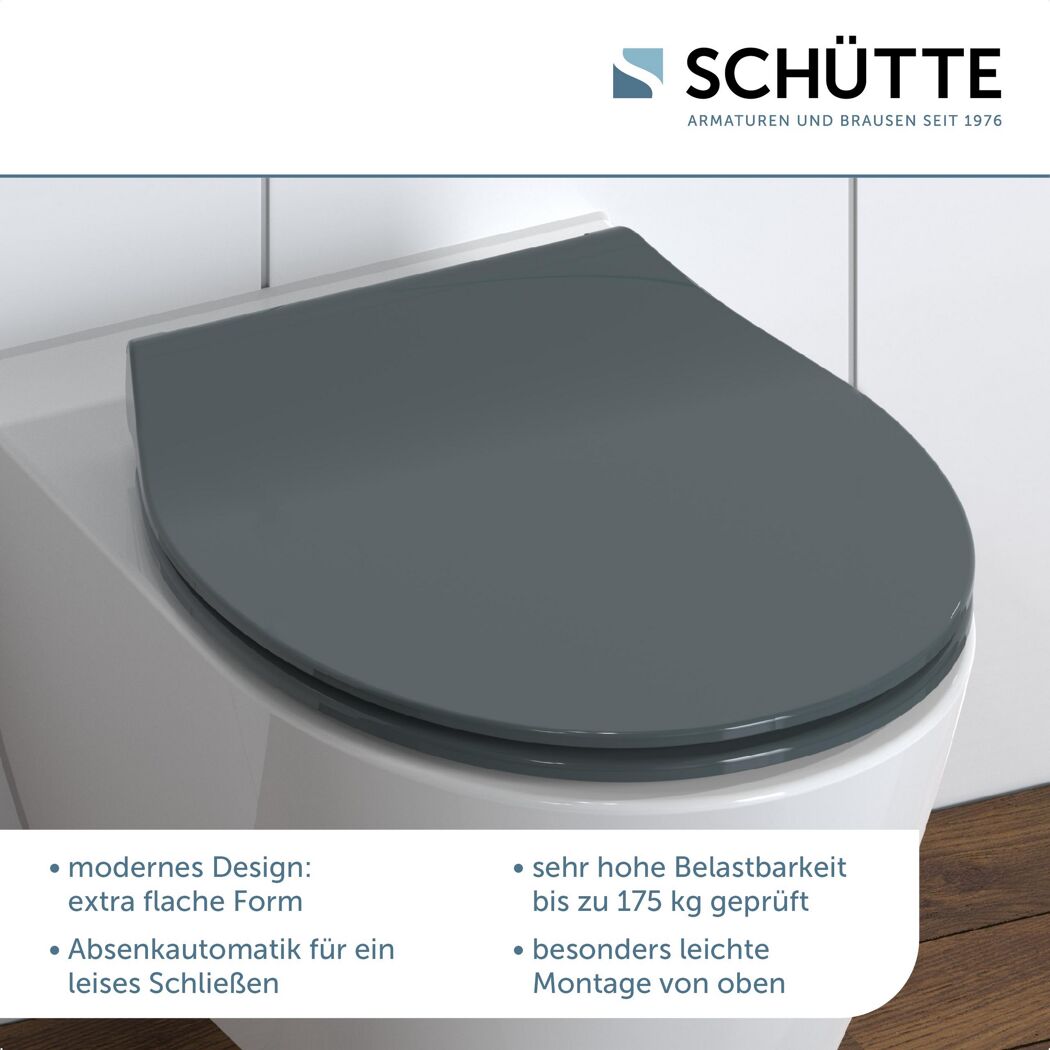 Anthrazitfarbener, flacher WC-Sitz der Marke Schütte.