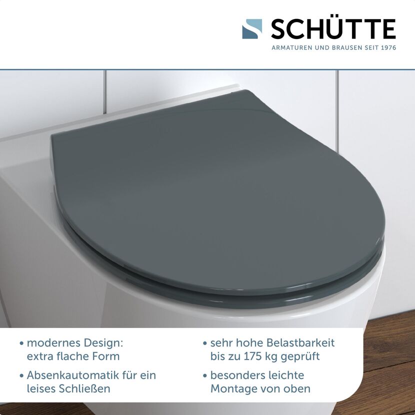 Anthrazitfarbener, flacher WC-Sitz der Marke Schütte.