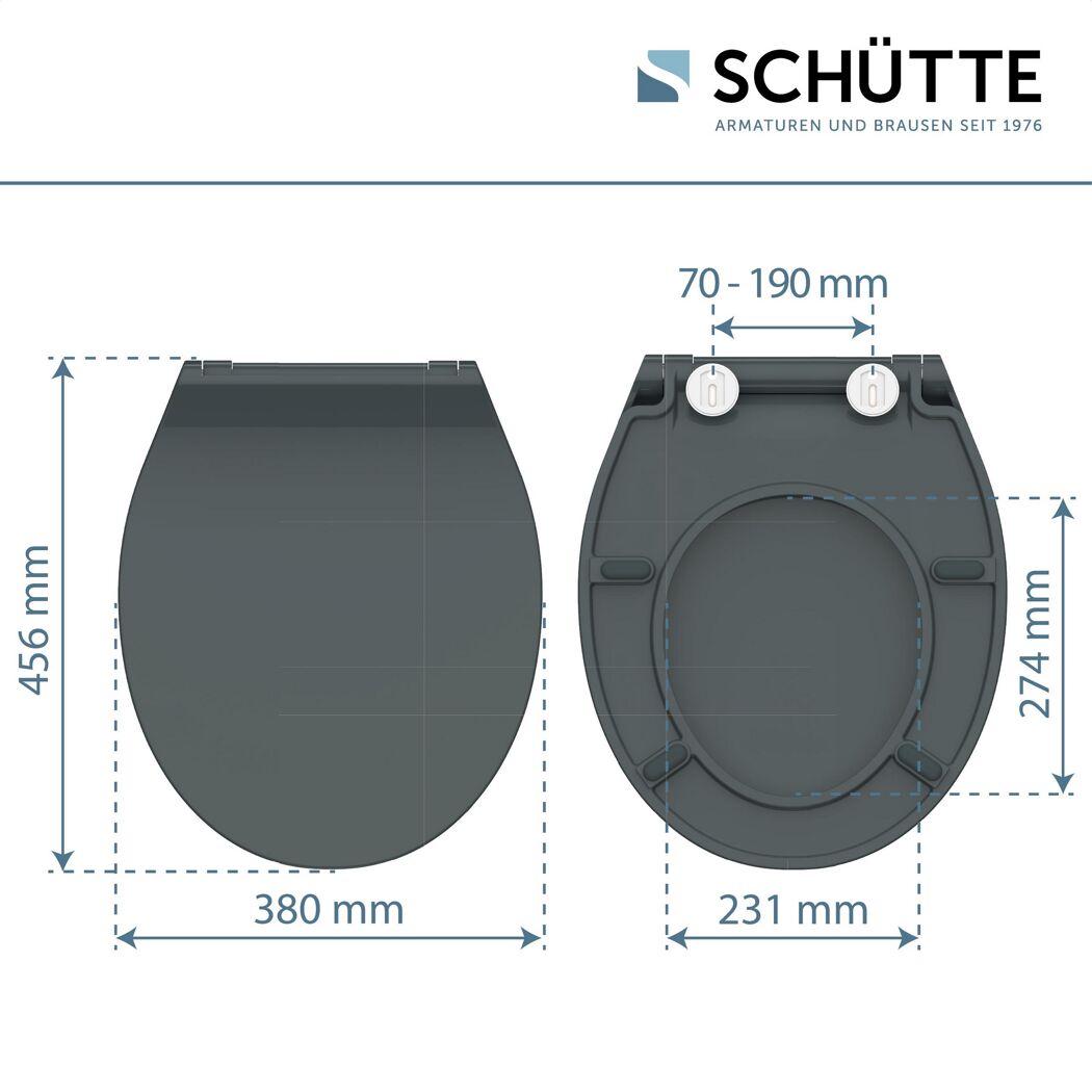 WC-Sitz, Draufsicht und Seitenansicht mit Maßen