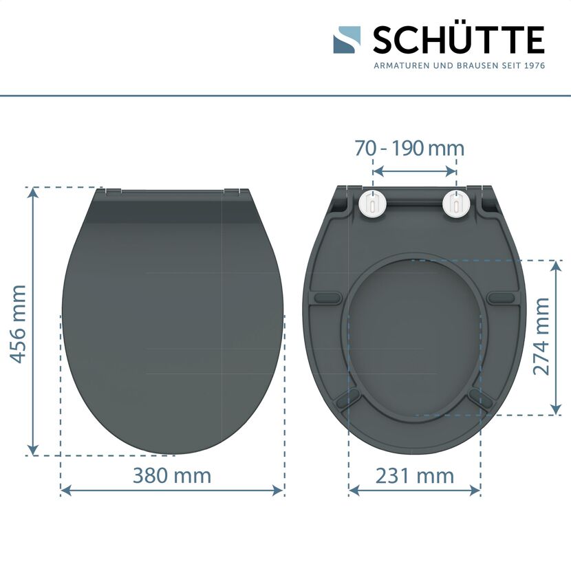 WC-Sitz, Draufsicht und Seitenansicht mit Maßen