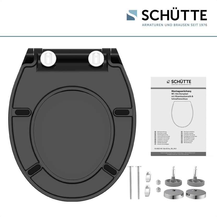Schwarzer WC-Sitz von Schütte mit Befestigungsmaterial und Anleitung.