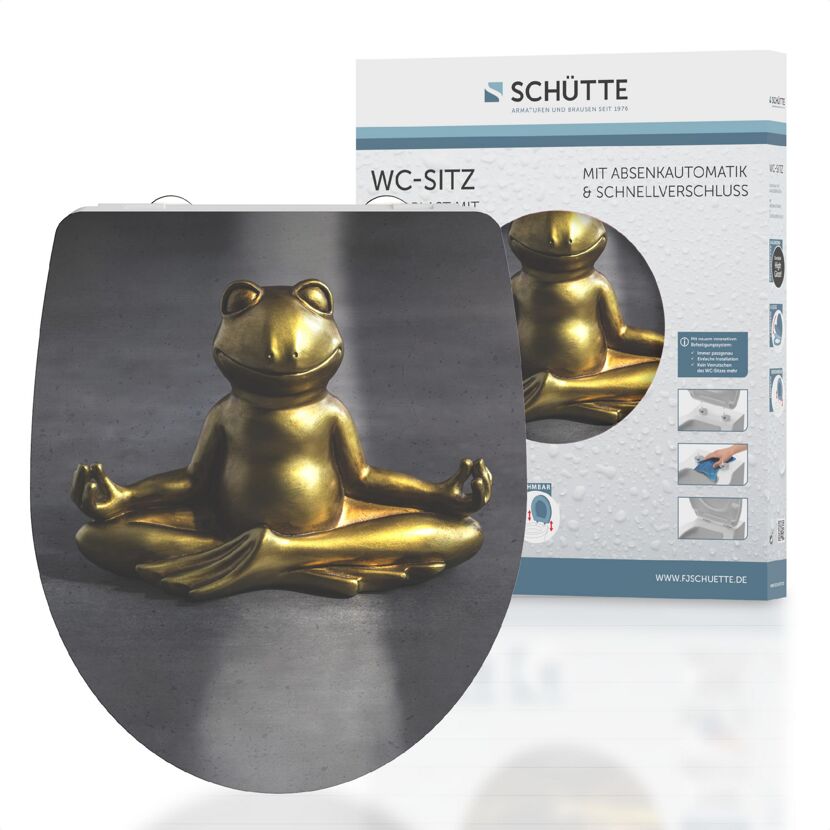 WC-Sitz mit goldenem meditierendem Frosch