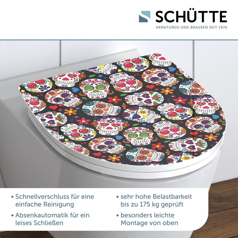 WC-Sitz mit buntem Totenkopf-Muster