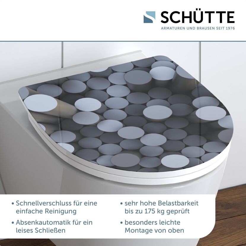 WC-Sitz mit rundem Design, grau-weiß gemustert.