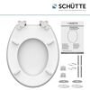 Weißer WC-Sitz von Schütte mit Befestigungsmaterial und Montageanleitung.
