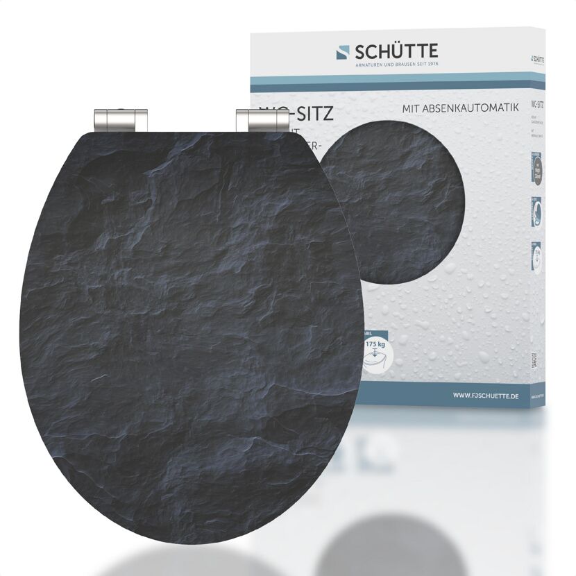 Schwarzer WC-Sitz, Steinoberfläche, Verpackung