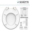 Weißer WC-Sitz der Marke Schütte mit Befestigungsmaterial.