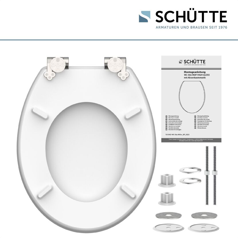 Weißer WC-Sitz der Marke Schütte mit Befestigungsmaterial.