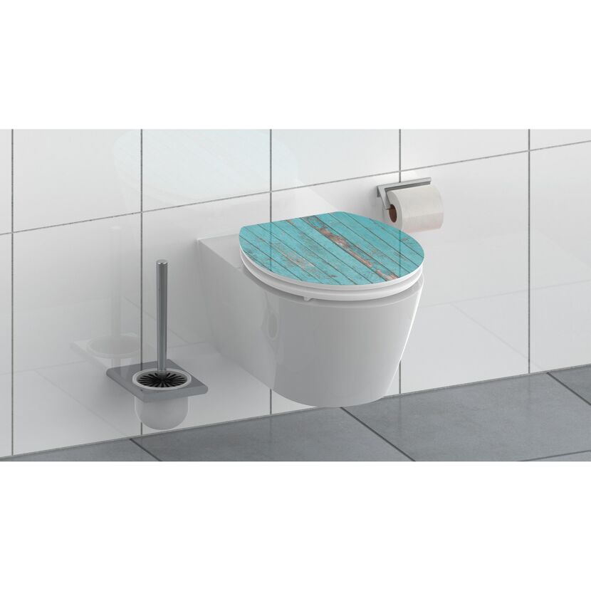 WC-Sitz mit hellblauem Holzdekor