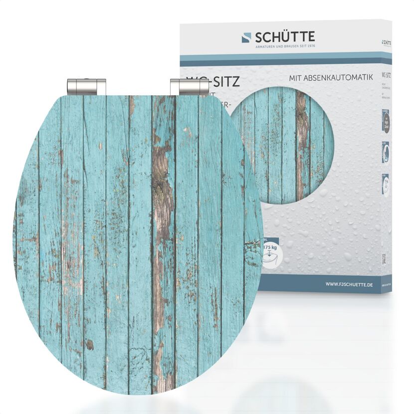 WC-Sitz mit hellblauem Holzdekor