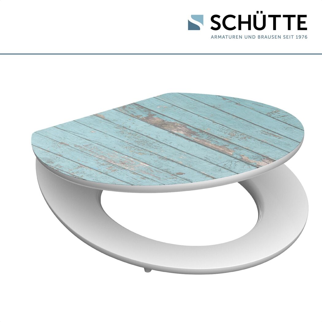 WC-Sitz mit hellblauem Holzdekor