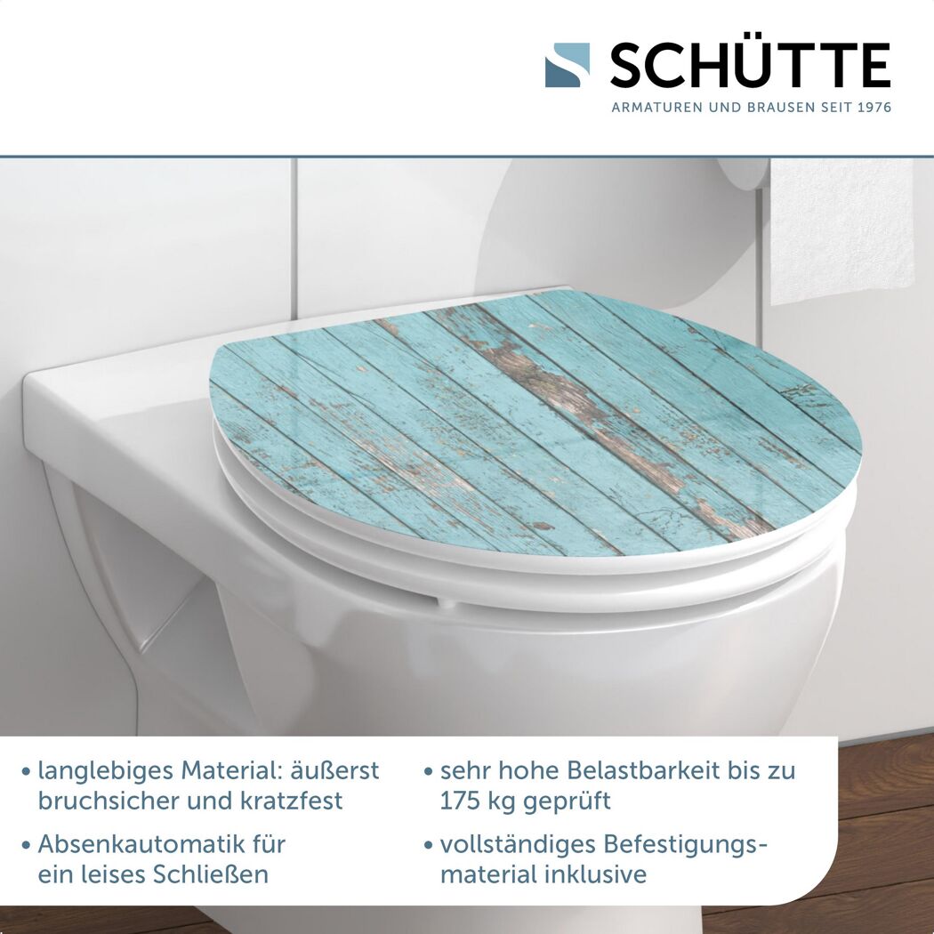 WC-Sitz mit hellblauem Holzdekor