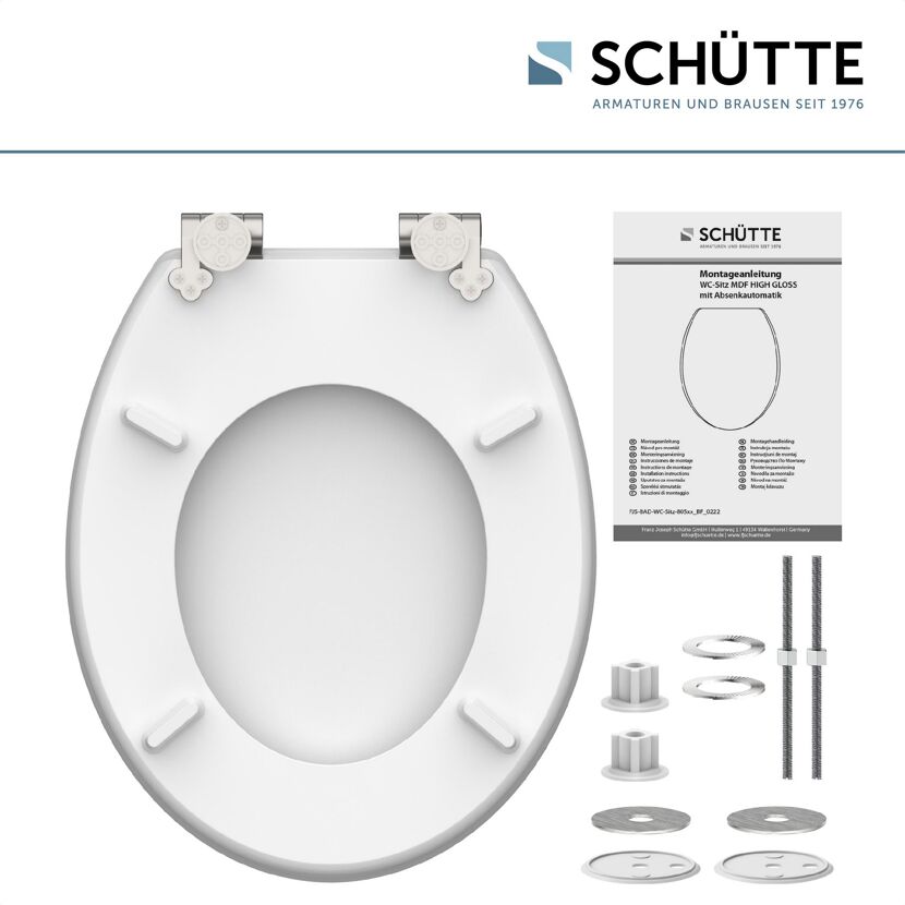 Weißer WC-Sitz mit Absenkautomatik, Montageanleitung und Montagematerial