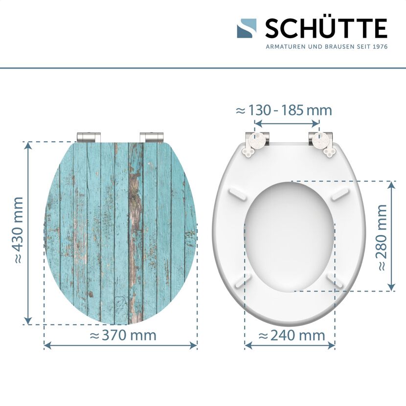 WC-Sitz, helles Holzdekor, türkis