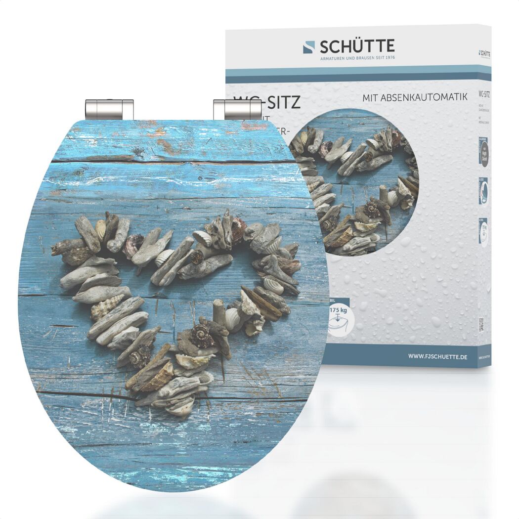 WC-Sitz mit Muschelherz auf blauem Holzhintergrund.
